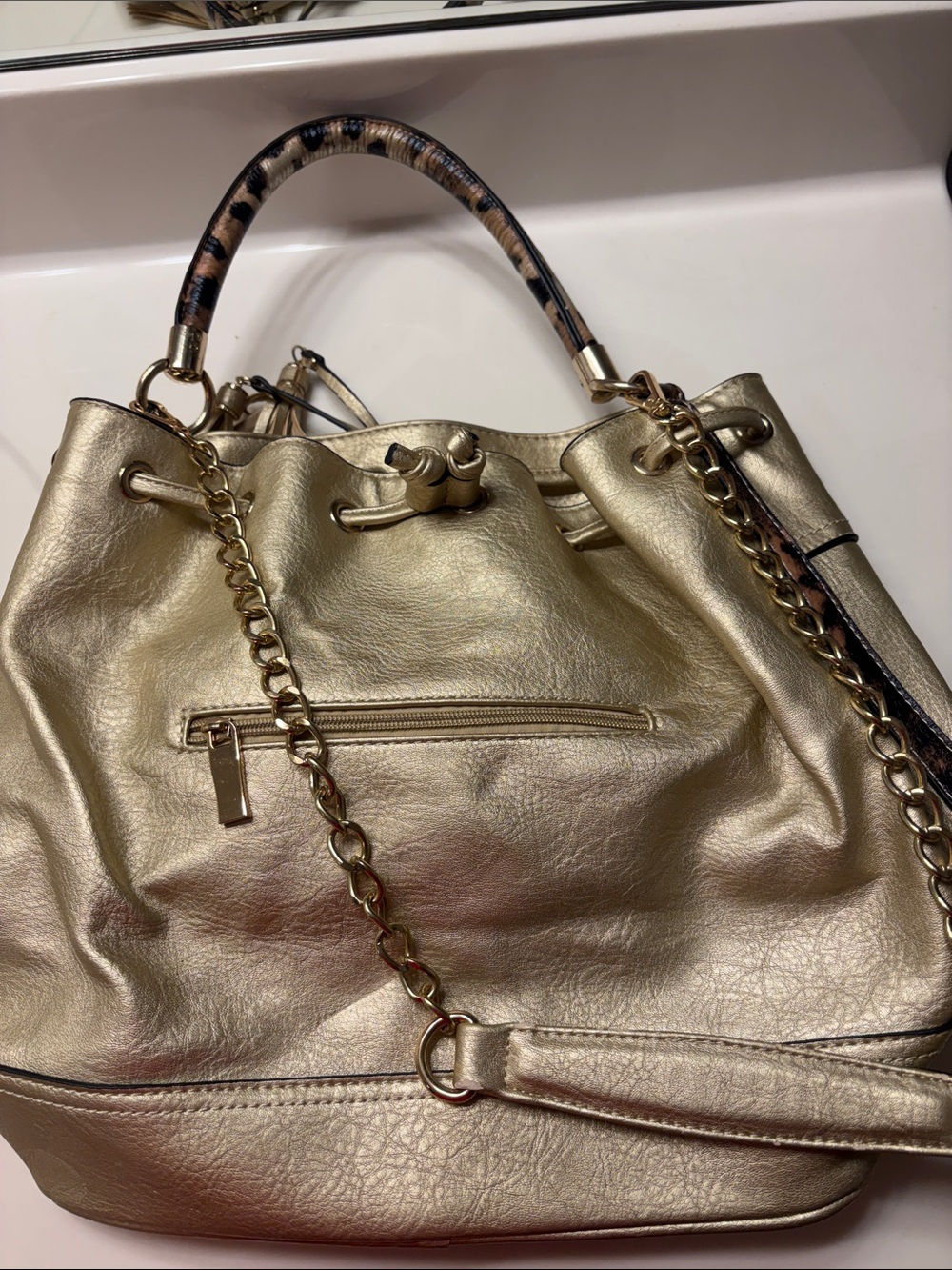 Gold Drawstring Bucket Bag with Chain Strap - Women's Handbag